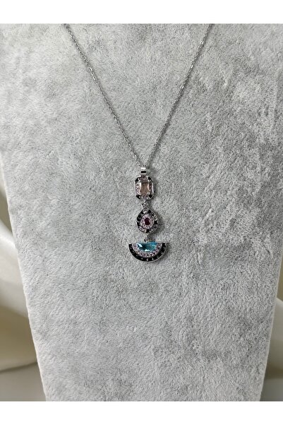 divakse قلادة فولاذية مرصعة بحجر الزركون الأزرق موديل قطرة فضية