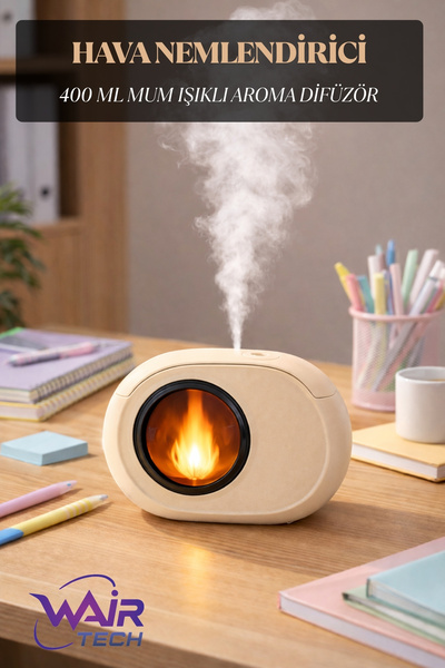 Wair Teknoloji Led Flame Effect Desktop Air Humidifier 400 Ml, with Night Light, USB