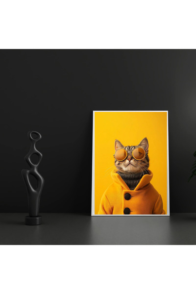 Turuncu Kedi Temalı Tablo, Mat Camlı ve Çerçeveli Premium Kalite Tablo