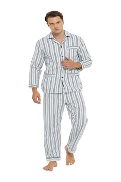 Global Pijamale bărbătești, bumbac, pantaloni lungi, mânecă lungă, dungi gri/albastre, mărimea L INTL, 50EU