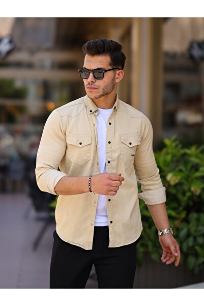 modabm Erkek Slimfit Kesim Çift Cepli Çıtçıtlı Keten Gömlek