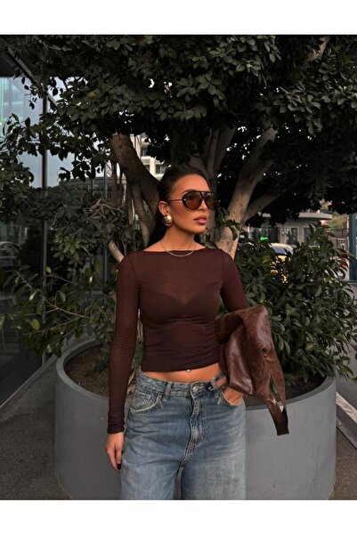 Be Best Women's Brown Boat Neck See-Through Blouse Be269