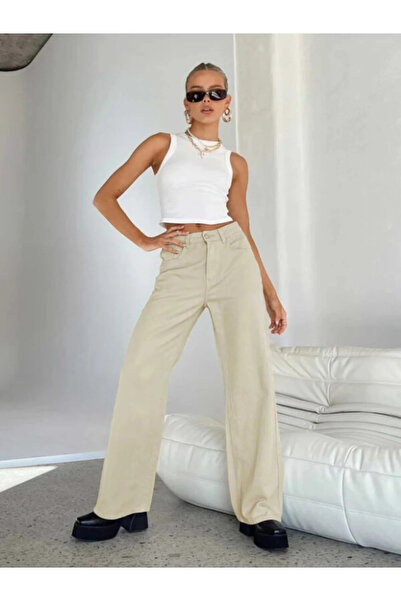 WODDİ بنطلون جينز نسائي من ميا سالاش كريم بخصر عالٍ وأرجل واسعة-1