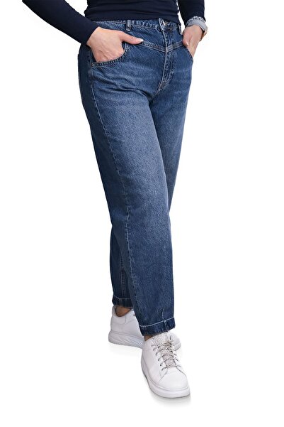 Blues Outlet Women's Jeans with Pleated Leg and Waist Detail - Dark Blue