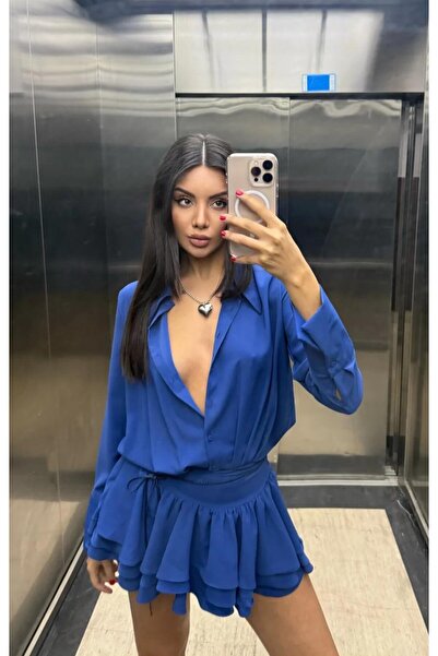 MAXXANA Gömlek Yaka Volanlı Pileli Süper Mini Elbise