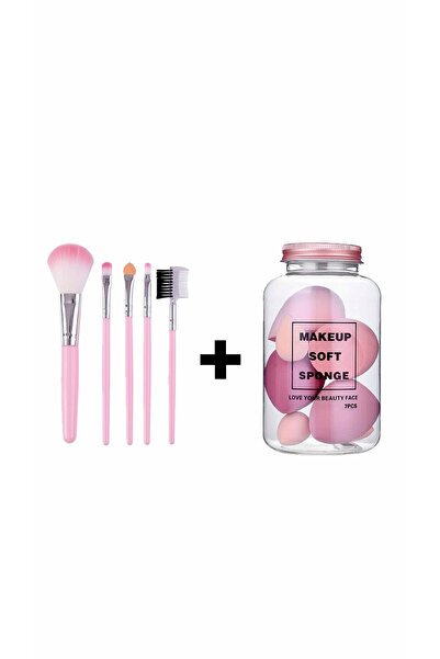 de Set Machiaj Profesional 12 piese – 5 Mini Pensule + 7 Bureței Makeup Blender, Roz