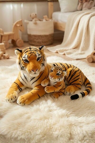 craftivio Yavrulu Peluş Kaplan - Gerçekçi Anne ve Bebek Kaplan Oyuncak Uyku Arkadaşı (45 cm)