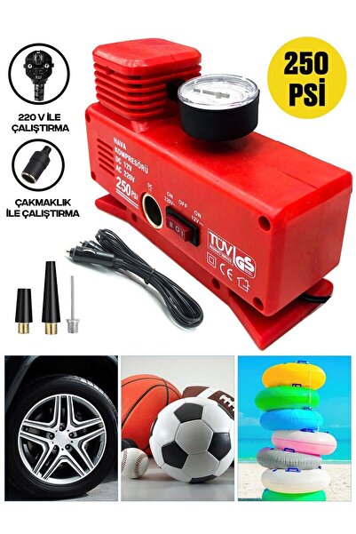 MOONSHOP Pro Seri 220 Volt-12 Volt 250 Psi Psi Kompresör Lastik Hava Şişirme Oto Pompası Fişli Çakmaklıklı