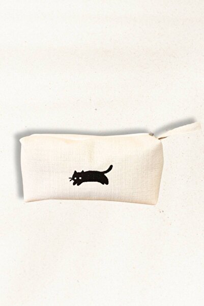 Elegancembroidery Keten Kumaş Nakış Detaylı Küçük El & Makyaj Çantası – Kedi ...