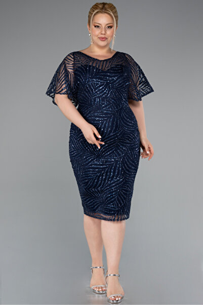 Abiyefon Lacivert Kısa Kol V Yaka Simli Midi Büyük Beden Abiye ABK2372