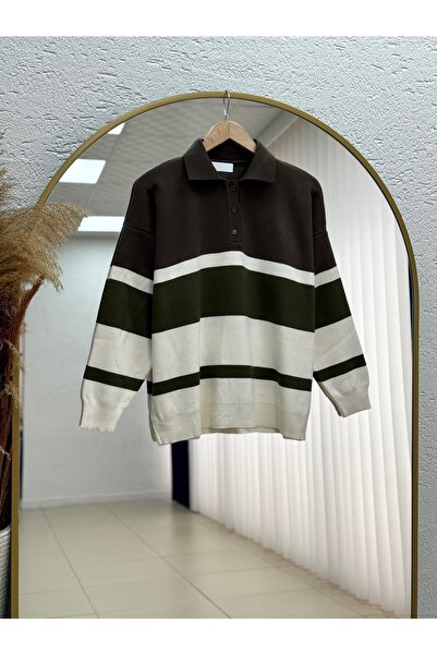 MİHRA STORE Elvan 3 Button Collared Striped Knit Sweater-Zi̇5265 Brown
