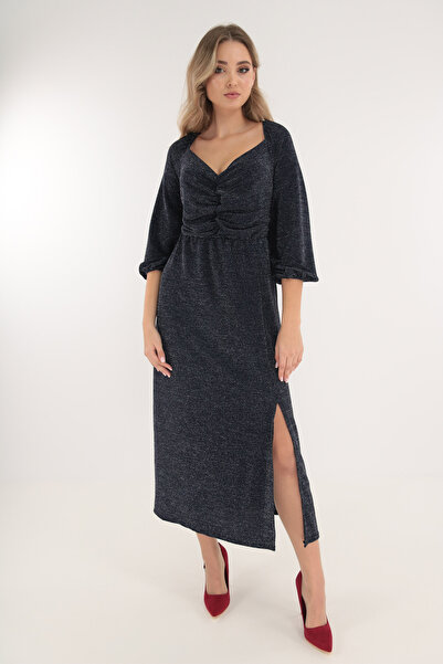 Trend Land Navy lurex midi dress with ruffles at the bust