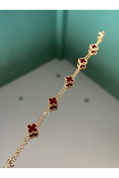 D&Z ACCESSORİES Viral Kırmızı Yonca Şans Bilekliği | Çelik Gold Zincir 5 Yapraklı Yonca Bileklik