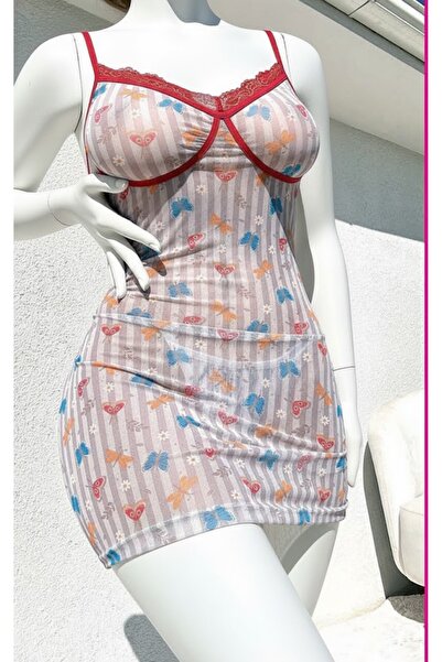 Nightlight Kadın Transparan Tül Elbise Kelebek Desenli Seksi Gecelik - 3627