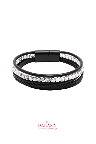 DAKANA JEWELLERY Certified Howlite Stone 4 mm Natural Stone Black Leather Bra...