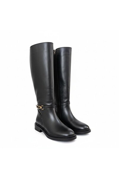 NE&VE SHOES Siyah Deri Gold Aksesuarlı Diz Altı Kadın Çizme