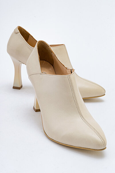 GNS Shoes Lando Genuine Leather Cream Skin Thin Heeled Bootie