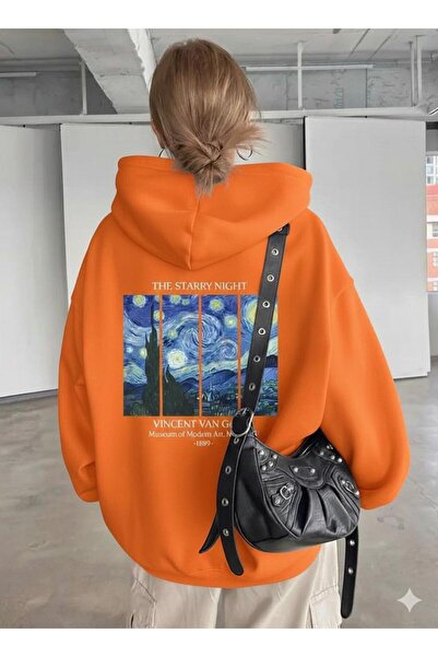 CAST COLLECTİON Women's Orange Van Gogh Back Printed Hooded Sweat
