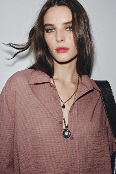 Miruva Zra Model Double Chain Flower Figured Burgundy Stone Steel Necklace