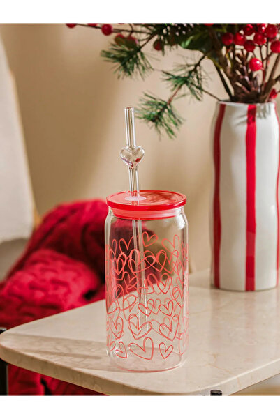 LC Waikiki Lcw Home Colorless Printed Glass Cup with Straw 480 ml