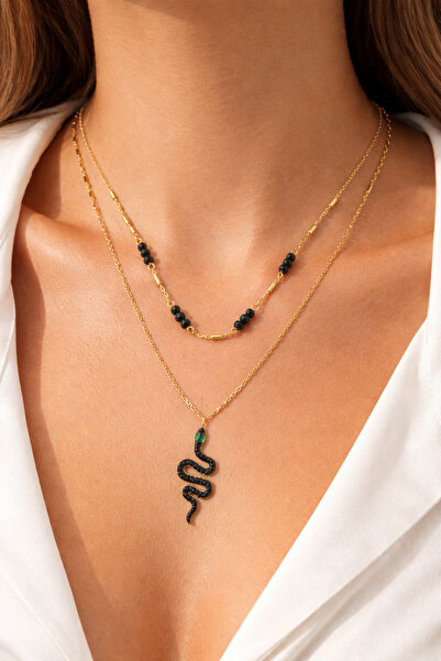 DARENT COLLECTİON Yılan Figürlü Siyah Taş Detaylı Altın Renk Çoklu Zincir Kolye
