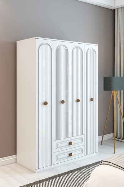izcodesign Bohem Model 4 Kapaklı 2 Çekmeceli Gardırop - MDF Membran Kapak | 180 cm Çok Amaçlı Elbise Dolabı