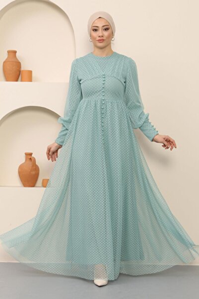 Missvalle Button Detailed Tulle Evening Dress Mint 12237