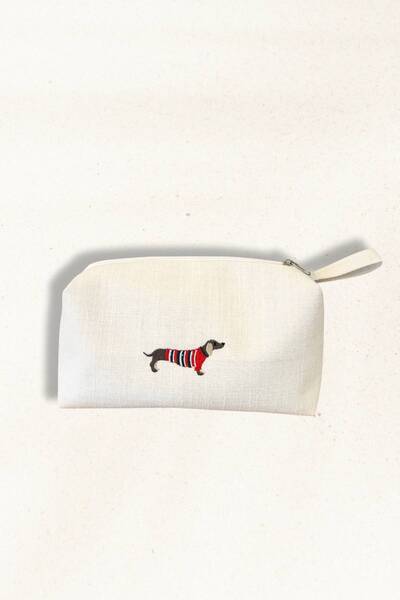 Elegancembroidery Keten Kumaş Nakış Detaylı Küçük El & Makyaj Çantası – Köpek...