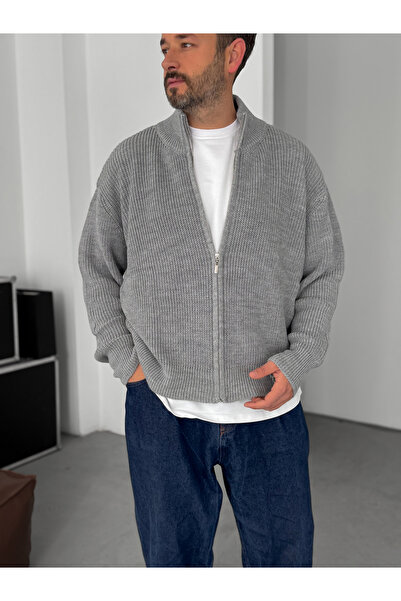 BYBASICMAN Γκρι πλεκτή ζακέτα με φερμουάρ PM-022