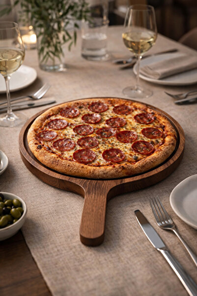 Onouqo Wooden Pizza Serving Board – Round Serving & Cutting Board with Handle...
