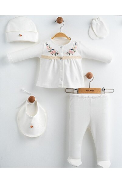 Eda Baby Sıralı Çiçekli 5'li Hastane Çıkış Seti %100 Pamuk Yenidoğan