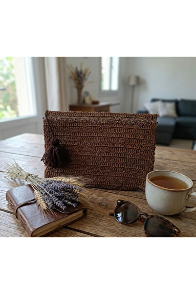 MyBalliStore Kağıt İpten El Örgüsü Clutch Kahverengi Püskül Detaylı Astarlı Çanta
