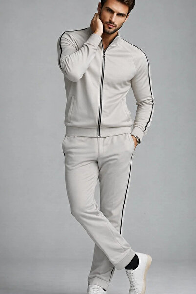 COMBİNE MİCHAİL Men's Zippered Elastic Ecru Tracksuit Set