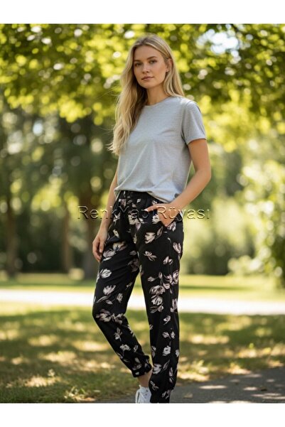 RENK YAPI RÜYASI Flowered Velvet Loose-Leg Women's Sweatpants with Elastic Wa...