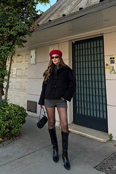 Laluvia Black Button Detailed Short Cashmere Jacket - 7675