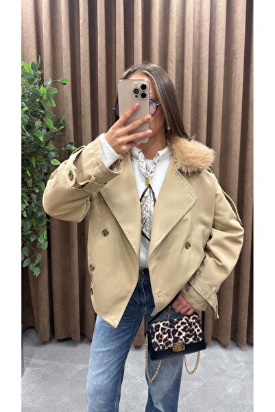 Maysa YAKASI KÜRKLÜ LASTİKLİ KISA TRENÇ-KREM