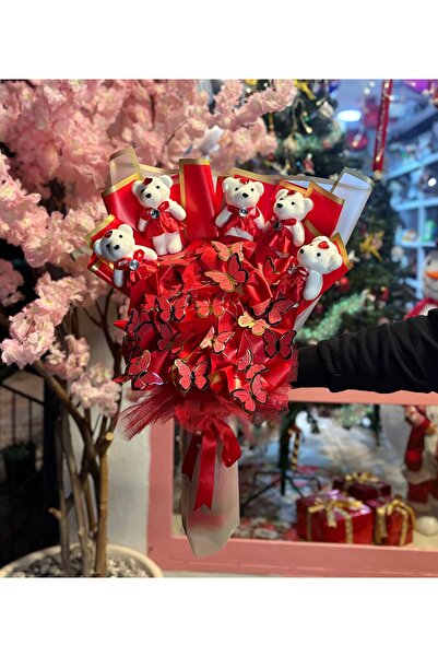 Rosea Çiçekevi Kırmızı Kelebek Ayıcık Buket Sevgili Flörte Hediye Doğum, Sevg...