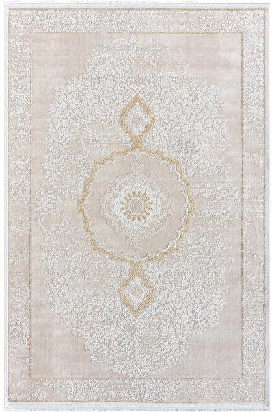 Karmen Halı Elit El004s Krem Halı Gold Detaylı Göbekli Kenar Çerçeveli Ince Y...