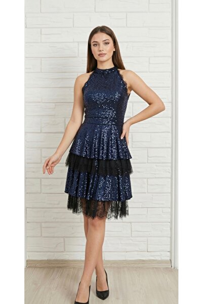 MİLLA MissMilla Kadın Zümrüt Yeşili Pullu Payetli Dantel Detaylı Katlı Mini Elbise