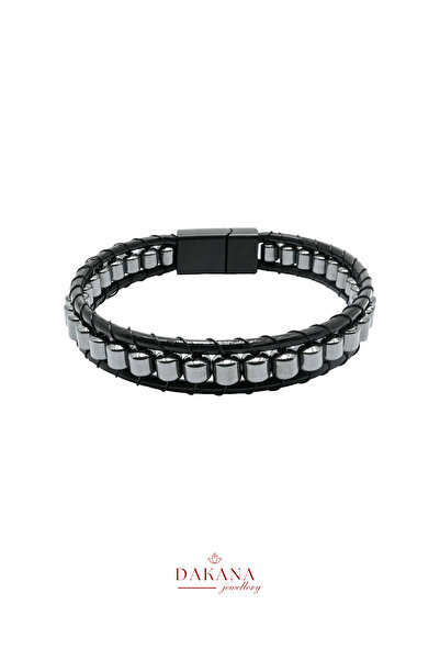 DAKANA JEWELLERY Certified Cylinder Hematite Natural Stone Black Leather Bracelet