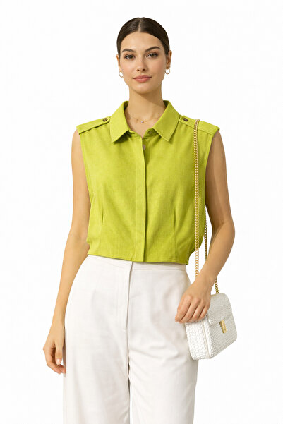 Batik Apolet Detaylı Kısa Keten Gömlek