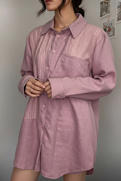 NEWCO قميص أساسي طويل بأزرار وتفاصيل مخرمة