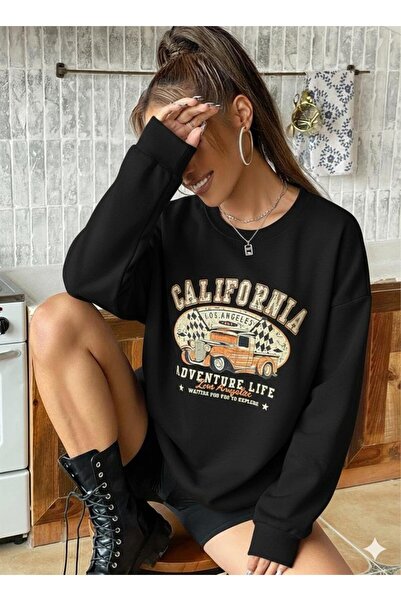 CAST COLLECTİON Hanorac negru pentru femei, cu imprimeu California Enjoy Life...