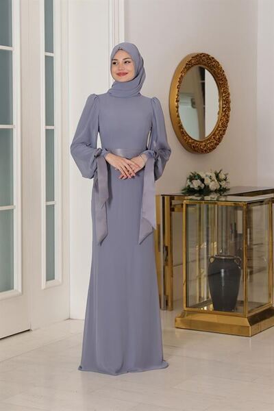 azratesettur Firuze Şifon Fiyonklu Kemerli Tesettür Abiye Duman Rengi