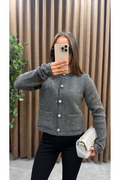 Maysa GRİ PULLU SİMLİ DÜĞMELİ TRİKO HIRKA