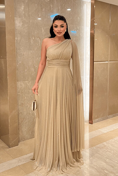 giyimmasalı Glitter Tulle Fabric Pleated Detail Evening Dress - Beige