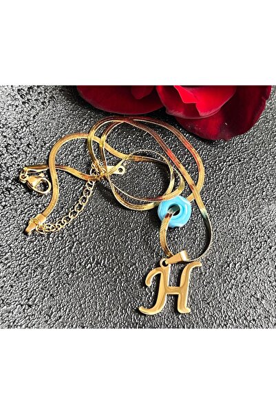 julee.co Cam Nazar Boncuklu H Harfi Çelik Kolye (40x5cm)(1.5cm)