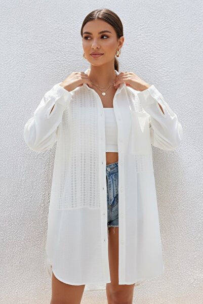 NEWCO Cămașă Regular basic cu nasturi, lungă, cu detalii ajurate