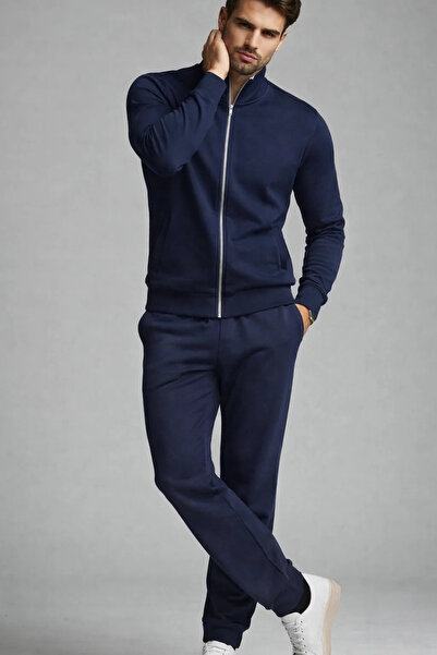 COMBİNE MİCHAİL Men's Zippered Elastic Navy Tracksuit Set