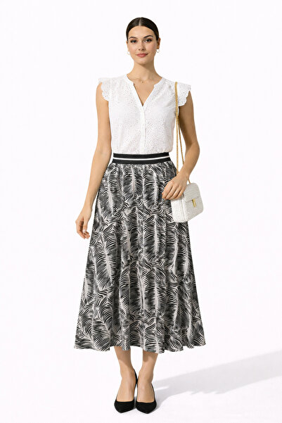 Batik Emprime Jakar Kemer Detaylı Kloş Etek